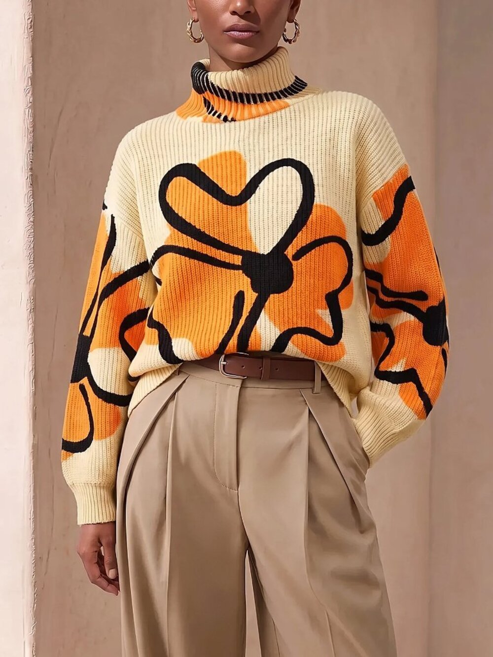 Multicolor Casual Women's Floral Print Turtleneck Sweater